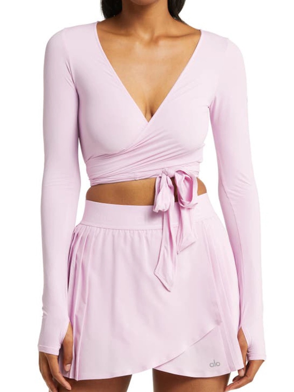 ALO Yoga Escalate Long Sleeve Wrap Crop Top In Sugarplum Pink